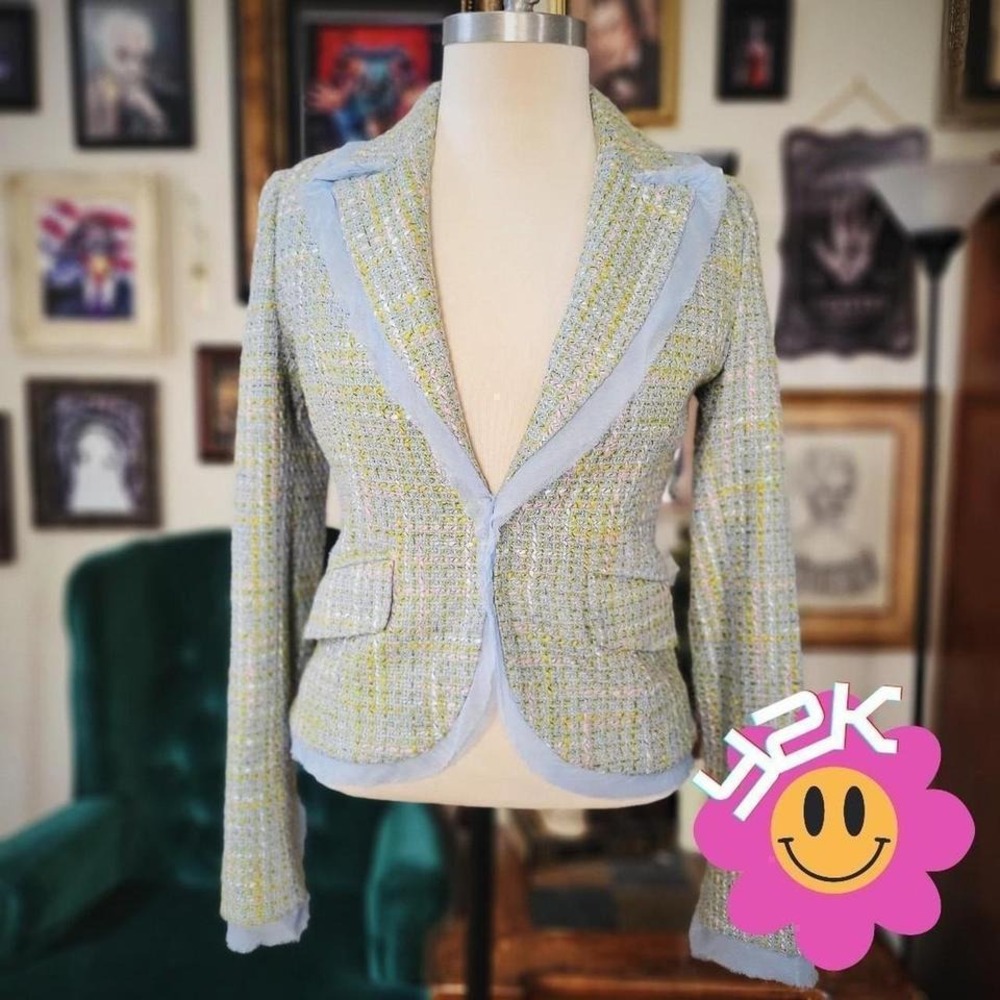 Sans Souci Tweed Blazer Blue Yellow Wool Blend Jacket‎ Vintage Y2K Style Medium